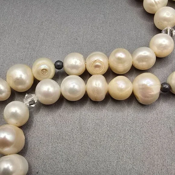 VTG White Graduated Baroque Pearl Necklace 22" Sterling Toggle Crystal Accents - Picture 5 of 13